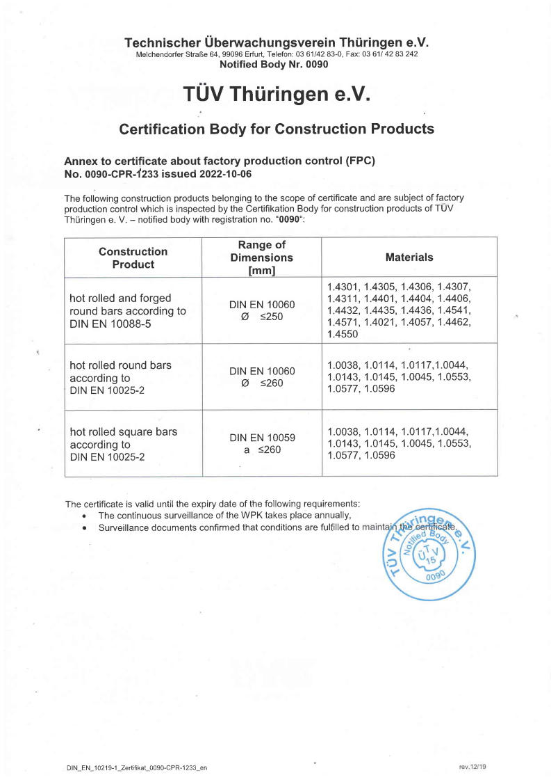 Annex to Certificate of construction products in compliance with Regulation 305/2011 