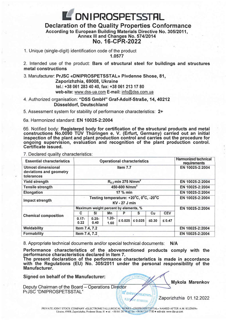 Declaration of the Quality Properties Conformance No. 16-CPR-2022 accoding to directive 305/2011